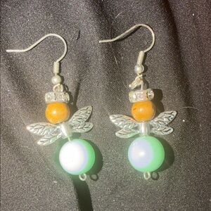 Silver and Green Angel Wing Earrings with a touch of brown